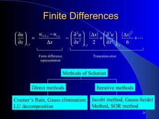 24
Finite DifferencesFinite Differences
Methods of Solution
Direct methods Iterative methods
Cramer’s Rule, Gauss elimination
LU decomposition
Jacobi method, Gauss-Seidel
Method, SOR method
( ) ( ) +
∆






∂
∂
+
∆






∂
∂
−
∆
−
=





∂
∂ +
62
2
,
3
3
,
2
2
,,1
,
x
x
ux
x
u
x
uu
x
u
jiji
jiji
ji
Finite difference
representation
Truncation error
 
