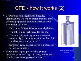 30
Mesh for bottle filling
problem.
CFD - how it works (2)CFD - how it works (2)
 CFD applies numerical methods (called
discretization) to develop approximations of the
governing equations of fluid mechanics in the
fluid region of interest.
– Governing differential equations: algebraic.
– The collection of cells is called the grid.
– The set of algebraic equations are solved
numerically (on a computer) for the flow field
variables at each node or cell.
– System of equations are solved simultaneously
to provide solution.
 The solution is post-processed to extract
quantities of interest (e.g. lift, drag, torque, heat
transfer, separation, pressure loss, etc.).
 