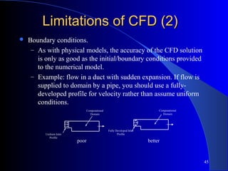 45
poor better
Fully Developed Inlet
Profile
Computational
Domain
Computational
Domain
Uniform Inlet
Profile
Limitations of CFD (2)Limitations of CFD (2)
 Boundary conditions.
– As with physical models, the accuracy of the CFD solution
is only as good as the initial/boundary conditions provided
to the numerical model.
– Example: flow in a duct with sudden expansion. If flow is
supplied to domain by a pipe, you should use a fully-
developed profile for velocity rather than assume uniform
conditions.
 