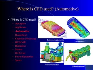 9
Where is CFD used? (Automotive)
• Where is CFD used?
– Aerospace
– Appliances
– Automotive
– Biomedical
– Chemical Processing
– HVAC&R
– Hydraulics
– Marine
– Oil & Gas
– Power Generation
– Sports
External Aerodynamics Undercarriage
Aerodynamics
Interior Ventilation
Engine Cooling
 