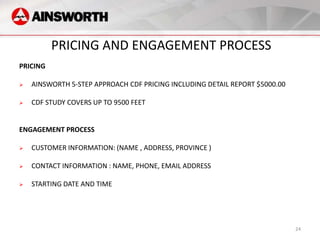 PRICING AND ENGAGEMENT PROCESS
PRICING

   AINSWORTH 5-STEP APPROACH CDF PRICING INCLUDING DETAIL REPORT $5000.00

   CDF STUDY COVERS UP TO 9500 FEET


ENGAGEMENT PROCESS

   CUSTOMER INFORMATION: (NAME , ADDRESS, PROVINCE )

   CONTACT INFORMATION : NAME, PHONE, EMAIL ADDRESS

   STARTING DATE AND TIME




                                                                             24
 