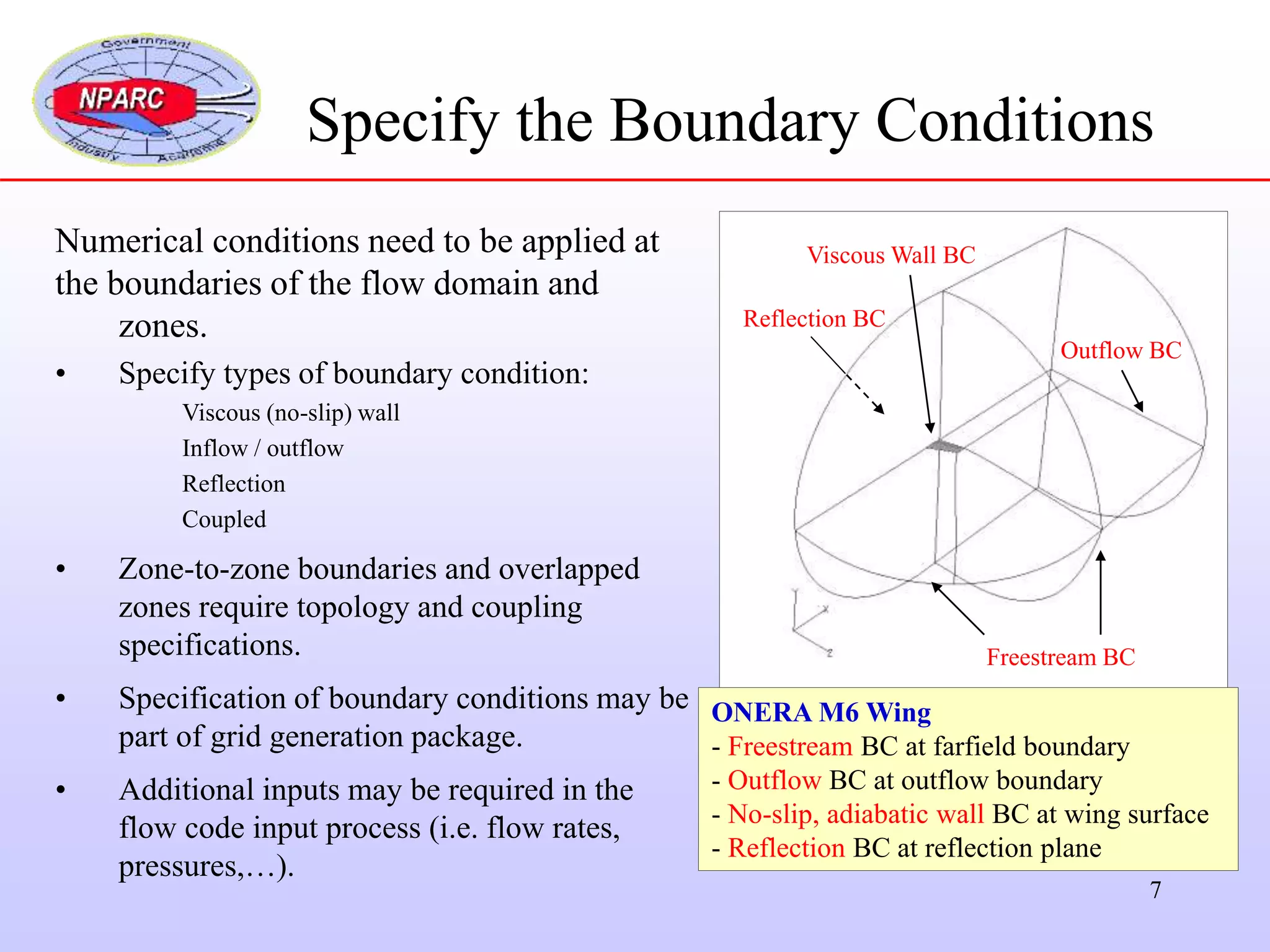 7
Specify the Boundary Conditions
Numerical conditions need to be applied at
the boundaries of the flow domain and
zones.
• Specify types of boundary condition:
Viscous (no-slip) wall
Inflow / outflow
Reflection
Coupled
• Zone-to-zone boundaries and overlapped
zones require topology and coupling
specifications.
• Specification of boundary conditions may be
part of grid generation package.
• Additional inputs may be required in the
flow code input process (i.e. flow rates,
pressures,…).
Reflection BC
Freestream BC
Viscous Wall BC
Outflow BC
ONERA M6 Wing
- Freestream BC at farfield boundary
- Outflow BC at outflow boundary
- No-slip, adiabatic wall BC at wing surface
- Reflection BC at reflection plane
 