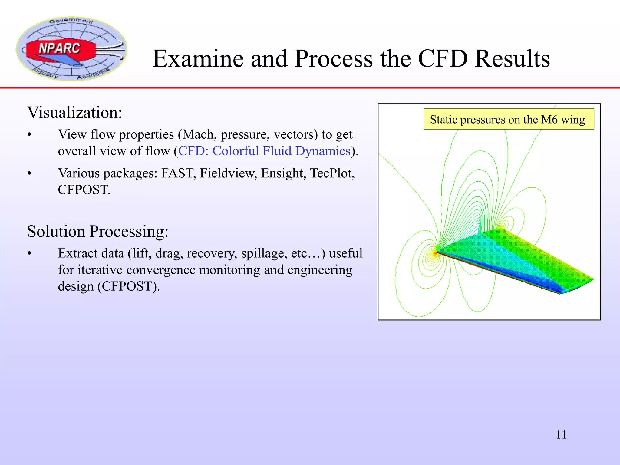 11
Examine and Process the CFD Results
Visualization:
• View flow properties (Mach, pressure, vectors) to get
overall view of flow (CFD: Colorful Fluid Dynamics).
• Various packages: FAST, Fieldview, Ensight, TecPlot,
CFPOST.
Static pressures on the M6 wing
Solution Processing:
• Extract data (lift, drag, recovery, spillage, etc…) useful
for iterative convergence monitoring and engineering
design (CFPOST).
 