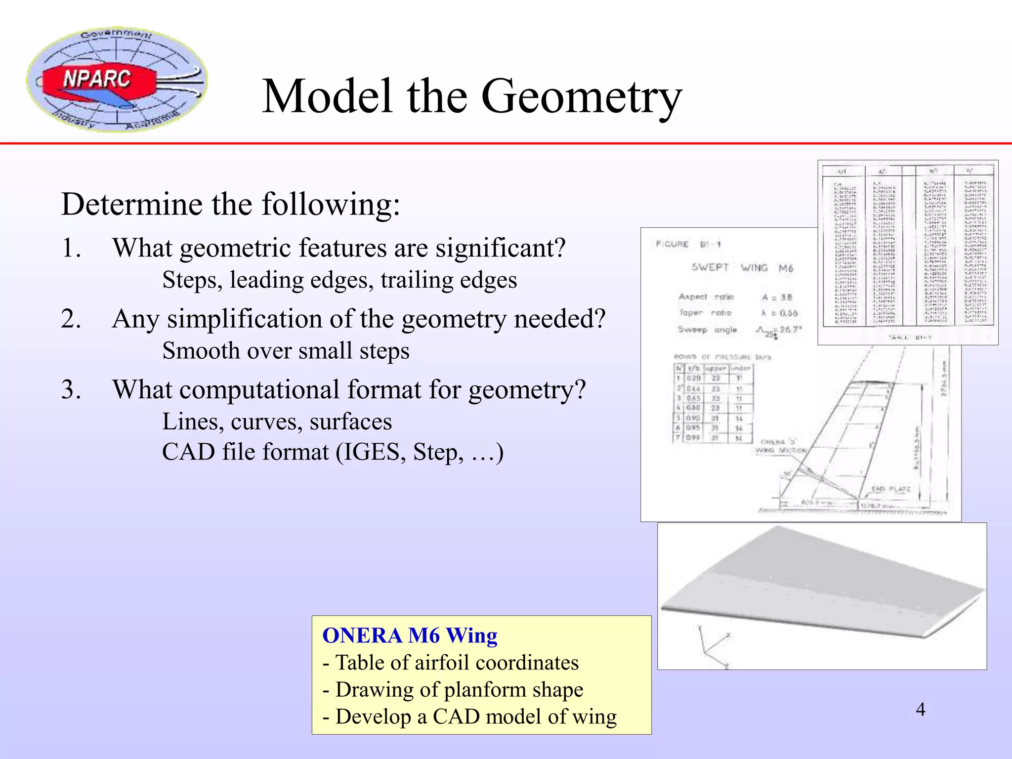 4
Model the Geometry
ONERA M6 Wing
- Table of airfoil coordinates
- Drawing of planform shape
- Develop a CAD model of wing
Determine the following:
1. What geometric features are significant?
Steps, leading edges, trailing edges
2. Any simplification of the geometry needed?
Smooth over small steps
3. What computational format for geometry?
Lines, curves, surfaces
CAD file format (IGES, Step, …)
 