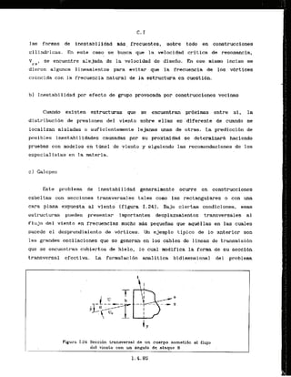 1as forms . de inestabi1idad n&s.frecuentes, sobre tqdo en construcciones
cilindricas. En este caso se busca que la velocidad critica de resonancia,
V , se encuentre alejada de la velocidad de dfsefio. En ese mismo inciso se
C v
dieron algunos lineamientos para evitar que la frecuencia de 10s v6rtices
coincida con la frecuencia natural de la estructura en cuestibn.
b) Inestabi1idad por efecto de grupo provocada por construccion&s vecinas
Cuando existen estructuras que se encuentran pr6ximas entre si, la
distribuci6n 'de .presiones del viento sabre ellas es 'diferente de cuando se
localizan aisladas o suf icientemente lejanas unas de okras. La predicci6n de
posibles inestabilidades causadas par su proximidad se determinarg haciendo
pruebas con modelos en tQnel de viento y siguienda las recomendaciones de 10s
. ,
especialistas en la materia.
Este problema de i nestabi1idad generalmente ocurre en construcciones
esbcltas con secciones transversales tales corn las rectangulares 0 con una
cara plana expuesta a1 viento (figura 1-24]. Bajo ciertas condiciones, esas
estructuras pueden presentar importantes desplazamlentos transversales a1
flujo del viento en frecuenclas much0 mds pequefias que w e l l a s en las cuales
sucede el desprendimiento de vbrtices. Un ejerpplo tipico de lo anterior son
las grandes oscilaciones que se generan en 10s cables de lineas de transmisi6n
que se encuentran cubiertos de hielo, lo cual modifica la forma de su secci6n
transversal efectiva. L
a forrnulacidn analitica bidimensional del problem
T ha
i b -- - - --x
. l ' "  (
1Y
Figura 1.24 Seccion transversal de un cuerpd sometido al flujo
del viento con un angulo de ataque 8
 