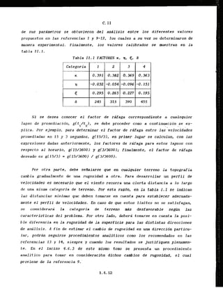 de sus pardmetros se obtuvieron del analisis entre los diferentes valores
propuestos en l a s referencias 1 y 9-12, los cuales a su vez se determinaron de
manera experimental. Finaimente, los valores calibrados se mestran en l a
t a b l a 1 1 . 1 .
Tabla 11.1 FACTORES K, q, 5, d
Si se desea conocer el factor de rdfaga correspondiente a cwlequies
lapso de promediacidn, g l t / t 1, se debe proceder como a continuacidn se ex-
1 2 . .
pllca. Por ejemplo, para determlnar el factor de riifaga entre las 'velocidades
promediadas en 15 y 3 scgundos, g(15/3), en primer lugar se calculan, con 1-
expresiones dadas anteribrmente, 10s factores de rafaga para estos lapsos con
respecto a1 horario, g(15/3600) y g(3/36001; finalmente, el factor de rsfaga
deseado es g115131 = g115/3600) 1 g(3/3600).
Por otra parte, .debe seflalarse que en cwlquier terreno la topografia
cambia gradualmente de una rugosidad a otra. Para desarroilar un perfil de
velocidades es necesarfo que el viento recorra una cierta distancia a lo largo
de una mism catagoria de terreno. Por t s t a razdn, en l a tabla 1.1 se indican
l a s distancias minimas que deben tomarse en cuenta para establecer adecuada-
mente el perfil de velocidades. En caso de que estos limites no se satisfagan,
se considerark la categoria de terreno mds desfavorable segrSn las
caracterfstfcas del problem. Por otro lado, debera tomarse en cuenta la posi-
ble diferencia en l a rugosidad de la s'uperficie para las distintas direcciones
de anidisis. A f i n de estimar el cambia de rugosidad en una dircccidn particu-
lar, podran seguirse procedimlentos analiticos como 10s recomendados en las
referencias 13 y 14, siempre y cuando 10s resultados se justifiquen plenamen-
te. En el inciso 4.6.3 de este mismo totno se presenta un procedimiento
analitico para tomar en consideraci6n dichos cambios dc rugosidad, el cual
proviene d e l a referencia 9 . '
 