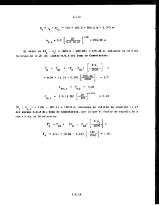El valor de (Xk - xIl (860.2 - 284.86) = 575.34 m; entonces se utilizs
la ecuacibn (c.21 del inciso 4.6.3 del Tomo de Comntarios:
. . x-x
Fk -'.,.+
- 0 [ ,500 ] =
= F
'
. = . l . O l
U,k
(XJ - x ) = (300 - 160.2) = 139.8 m, entorres s e utillza la ecuaci6n (c.2)
1.1
del inciso 4.6.3 del Tow de thmentarios, por lo que el factor de exposicibn a
una altura de 20 metros es:
x-x
F
' = F +
a QIO - [ 250; ] =
 