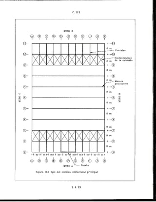 C. I I I
MURO B
m
.
-
- Puntales
+@
-- Contraventeos
de la cubierta
8 m
6)- +*
'm-- Marcas
principoles
e- ..
MURO A Puerta
Figura 111.9 Ejes del sistema estructural principal
 