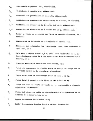 Coeficiente de preslbn local, adimnsional.
Coeficiente de presibn neta, adimnsional.
Coeficiente de presi6n neta en sotavento, adimensional.
Coeficiente de.presibn en un techo o told0 en voladizo, adimensional.
Coaficiente de arrastre en la direccidn del eje t, adimensional.
Coeficiente de arrastre en la direcci6n del eje y, adimensianal.
Factor utilizado en el cdLculo del f ~ t a r
de respuesta dinbica, adi-
mensional.
Dimensihn de la estructura en l
a direcclbn del viento, en m.
Dimensi6n que sobresalen las rugosidades tales como costillas o
Para mwos y techos planos: d = d; para techos inclinados es la dis-
a
tancia horizontal entre l
a arista superior del muro de barlovento y la
Diaensibn menor de la base de una construcci6n, en m.
Factor que represents l
a relacibn entre la energia de rafaga con la
frecuencia natural de la estructura, adimensional.
Fuerza total sobre la construccldn debida a1 viento, en kg.
Fuerza total de arrastre en la direcci6n del viento, en kg.
Factor que tam en cuenta el tanrafio de l
a construcci6n o elelkento
estructural, adimensional.
Fuerza del viento que actl'la perpendicularmente a
. la superf icie de un
elernento de la construccibn, en kg.
Fuerza de arrastre par friccibn, en kg.
Factor de respuesta d i n u i c a debida a rwagas, adimensional.
 