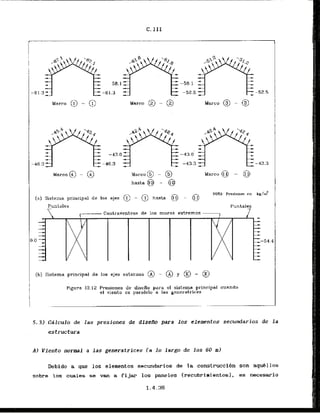 Marco 0 - 1
0
Marco $
1 - @
(a) Sistelna principal de los ejss @ - @ hnsta 0
-
-
NOTA: Presiones en kg/rl?
I
( b ) Sistema principal de 10s ejes extex*nos @ - @ y @
I- @
I
Figlira 111.12 Presiones de divefio para e l sistema principal cuandn
e
l viento cs pnralclo a las generatrices
5.3) CblcuJo de las presiones de dfsefio para 10s elementos secundarios de l a
estructura
A ) Viento normal a las generatrices l a l o largo de los 60 m)
Debido a que 10s elementos secundarios de la construccibn son a q d l l o s
sobre los cuales se van a fijar 10s paneles Crecubrimientos], es necesario
 