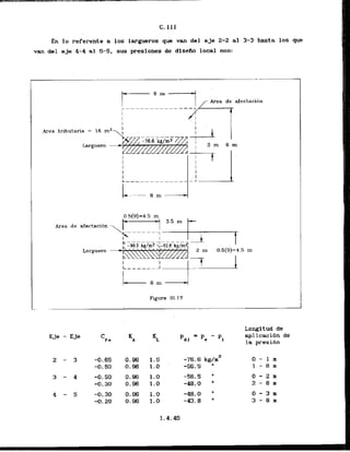 En lo referente a 10s largueros que van del eje 2-2 a1 3-3 hasta 10s que
van del sJe 4-4 a1 -5-5, sus presiones de disefh local son:
I
I
Area tributaria = '16 ma
i ‘ " " ~
,
,
-
Area de afectacion
,Ci5(9)=4.5 m,
Area de afeetacirjn --,
Eje - Eje
Longitud de
aplicacihn de
la presi6n
 