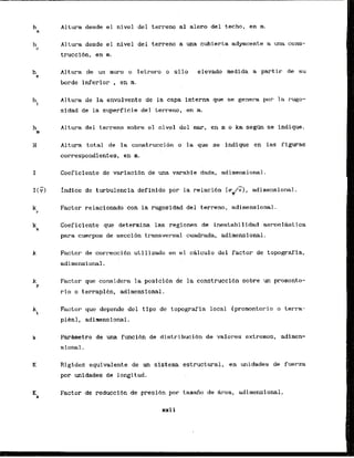 Altura desde el nivel del terrencr a1 alero del techo, en m.
-Altura desde el nivel del terreno a una cubisrta adyacente a una cons-
truccibn, en a.
Altura de un muro o letrero o silo elevado medida a partir de su
borde inferior , en m.
Altura de la envolvente de la capa interna que se genera por la rugo-
sidad de la superficie del terreno, en'm.
Altura del terreno sobre el nivel del m a r , en m o km segw se indique.
Altura total de la construcci6n o la que se indique en las figuras
correspondientes, en m.
Coeficiente de varlacidn de m a varable dada, adimensional.
I (GI fndice de turbulencla def inido por la relacidn [ w / ; ) , adimensional.
Factor relacionado con la rugasidad del terreno, adimensional.
Coeficiente que determina las regimes de inestabi 1idad aeroelht ica
para cuerpos de seccibn transversal cuadrada, adimensional.
Factor de correccibn utilizado en el c&lculo d e l ractor de topografia,
adimensional.
Factor que considera la posici6n cie la construec16n sobre un prornonto-
rio o terraplen, adimensional.
Factor que depende del tipo de towgraf ia local (promontoria a terra-
plCn), adfrnensional.
-&metro de una funci6n de distribucibn de valores extremos, adimen-
sional.
Rigidez equivalente de un sistema estructural, en unidades de fuerza
por unidades de longitud.
Factor de reduccibn de presibn por tamai?o de k e a , adimensional,
 