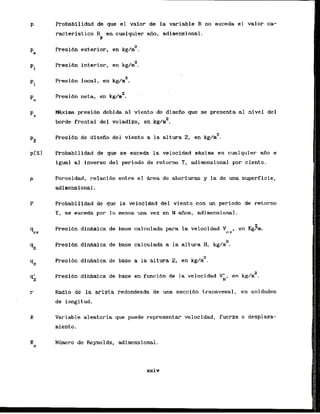 Probabilidad de.que el valor de la variable R no exceda el valor ca-
racterfst ico R en cualquier aiio, adimensional.
P
Presi4n exterior, en kg/m2.
2
Presibn interior, en kg/m .
2
Presi6n local, en kg/m .
Presidn neta, en kg/m2.
Mgxima presibn debida a1 vlento de disefio que se presenta a1 nivel del
borde f r o n t a l del voladizo, en kg/md.
Presibn de diseRa del vienta a la altura 2, en kg/rna,
PC%) Probabi1idad de que se exceda la velocidad m b i m a en cualquier 60
e
igual a1 inverso del periodo de retorno T, adimensional por ciento.
Porosidad, relaci6n entre el Area de aberturas y la de una superficie,
adimensional.
Probabilidad ,de que la velocidad del viento con un periodo de retorno
T, se exceda por l o menos una vez en N aiios, adjmensional.
Presibn dirslica de base calculada para la velocidad V , en Kg?m.
c v
Presidn di-ica de base calculada a la altura H, kg/mz,
Presi6n dinhiica de base a la altura 2, en kg/rn2.
2
Presibn di-ica de base en funcibn de la velocidad V;I, en kg/m .
Radio de la arista redondeada de una seccibn transvesal, en unidades
de longitud.
Variable aleatoria que puede representar velocidad, fuerra o desplaza-
miento.
Nhera de Reynolds, adimensional.
xxiv
 