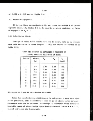 a = 0.131 y . 6 = 315 metros, .(tabla 1-41,.
. . . ,
3 . 5 ) Factor de topografta
E l terreno tiene m a pendiente de Wd, por lo que corresponde a un terrena
expuesto (tabla 1.5, Inciao 4.8.4). De .'acuerdo.
a
1 ,'metodo empirico, el factor
. .
Dado que la velocidad de diseiio,varla con la altura, esta se ha evaluado
para cada seccibn ds la torre lfigura 111.28); 10s valores se resumen en la
tabla 111.2
TABLA 111.2 FACTOR LIE EXWSICI~N Y VELOCIIIAD DE
4 ) Presidn de diseAo en l a direccidn del viento
Dadas las caracteristicas sietricas de la estructura, y para este ejern-
p l o en particular, s61o se considera el caso en que el viei-lto incide perpendi-
cularreente sobre unzi..desus caras. Sin embwgo, el disefiador debr8 revisar la
condlelbn cuando el viehto incida con un a u l o diferente Cinciso 4.8.2.11.33,
la cual podria ser m&s desfavorable.
 