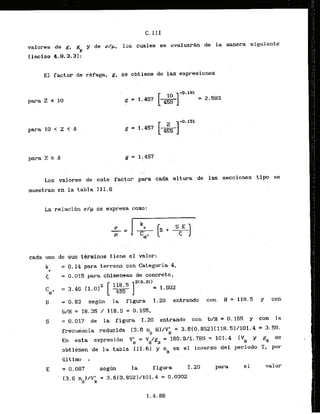 C. I I I
valores de g, g y de w/p, las cualss se evaluaran de la nanera siguiente
P
linciso 4.8.3.3) :
El factor de rMaga, g, se obtiene de las expresiones
para Z S 10
para 10 < 2 C 6
para Z Z S
. i
.
Los valores de - este factor para cada altura de las secciones tipg se
muestran en la tabla 111.6
L
a reIaci6n r / p se expresa como:
cada uno de sus terminos tiene el valor:
k = 0.14 para terreno con .Categoria4,
r
< = 0.015 p w a chimeneas de concreto,
3 -0.83 s e g h la figura 1.20 entrando con H = 1 1 8 . 5 y con
biH = 18.35 / 118.5 =0.155,
. .
S = 0,
'017 de la f iguka L ."20 entrando eon .b/H '= 0.155 y con la
freduencia reducida (3:6 no H)/v; = 3.6(0.852)(118.5)/101.4 = 3.59.
En esta expresi6n V
; = VH/gH= 180.9/1.785 = 101.4 {VH y gn se
obtienen be la tabla 111.6) y no es el inverso del periado T, por
bltimo .
E =0,087 segh la figura 1.20 Para e1 valor
 