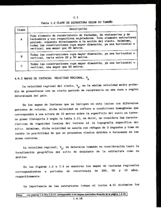 C.I
Tabla 1.2 C M E DE ESTRUCTUEU SEWN SU TMW%l
Clase Descrfpci6n
Todo elemento de mcubriniento de fachadas, de ventanerias y de
A : techumbres y sus respectivos sujetadores, Todo elemento estructural
aislado, expuesto dirsctamente a l
a accien del vlento. Asirnism,
todas . las construcciones cuya mayor dimensibri, ya sea horf zontal o
vertical, sea mnor que 20 metros.
Todas las construccfones cuya mayor dimensibn, ya sea horizontal o
vertical, varie entre 20 y SO metros.
Todas las constbucbio~acup' nayor d k n s i b n , ya sea horizontal o
vertical, sea nayor que 50 metros.
4.6.2 MAPAS DE ISOTACAS. VELOCIDAD REGIONAL, 
. .
La velocidad regional del viento, VR, es la m&1ma velocidad media pro&-
ble de presentarse con un cierto- priodo de recurrencia en una zona o regibn
. ,
determinada del pais.
En 10s mapas de isotacas que se incluyen en este lnciso con dlferentes
periodos de retorno, dicha velocldad se refiere a candiclones homogbneas que
carresponden a una altura de 10 metros sobr=.
l a superficie del suelo en terre-
no plano {Categoria 2 segiur la tabla I. 1.1; es decir, no considera las caracte-
risticas de rugosidad locales del terreno ni la topografia especifica del
s i t i o . Asinism,' dicha velocidad k e esocia con =&fagas de 3 segundos y tona en
cuenta la posibi 1idad de que se presenten vientos debidos a huracanes en las
zonas costeras.
La velocidad regional, VR, se detertnina tomando en cansideraci6n tanto la
localizacibn geografica del sitio -de desplante de la estructura coma su
dest ino.
En las figuras I.2 a I . 4 se muestran 10s mapas de isotacas regionales
correspondientes a periodbs de recurrencia de 200, 50 y 10 d o s ,
respectivamente.
La importancia de las estructuras {vCase el inciso 4.3) dictamina 10s
 
