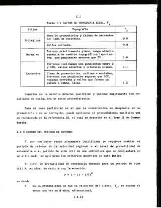 Tabla 1.5 FACTOR DE TOPOGRAFIA LOCAL. FT
S
i
t30s Topogmf ia FT
Base de promontorios y faldas de serranias
del lado ds sotavento. 0 . 8
Protegidos
Valles cerrados. 0.9
Terreno pr&ct
icainente piano, campo abierto,
Hormiiles .ausenciade camblos topograficos importan-
tes, con pendientes menores que 5% .
. .
Terrenos inclinados con pendientes entre 5
y 10X, valles abiertos y litorales planos..
! 1.1
Expuestos Cimas da promontories, calinas omontaiia5,
terrenos con pendientes mayores que IOX,
cafiadas cerradas y valles que formen un
ernbudo b caA6n, islas. . . 1.2
Expertos en la nateria deberAn justificar y validar arapllamente 10s re-
sultados de cualqulcra de estos procedimientos.
Para el caso particular en el que la construccibn se desplante en un
promontorio o en un terraplCn, puede aplicwse el procedimiento analitlco que
se recornienda en la referencia 26, el cual se describe en el Tom I1 de Comen-
tarios.
4.6.5 CAMBIO DEL PERIOD0 DE RETORNO
S
i por cualquier raz6n plenamente justificada se requiere canbiar el
periodo .de retarno de la velocidad .regional o el nivel de probabilidad de
excedencia o el periodo de vida 6til de m a estructura que se desplantara en
un sitio dado', se aplicar8n,loscriterios descritos en este inciso.
: El nivel de p&babi 1idad . de excedencfa deseado para periodo de vida
O t i 1 N, en afios, se calcula con la ecuacibn:
. .
en donde:
P es la probabllidad de que la velbcidad del viento, VT, se exceda a1
. ,
menos una vez en H aiios, adimensional,
 