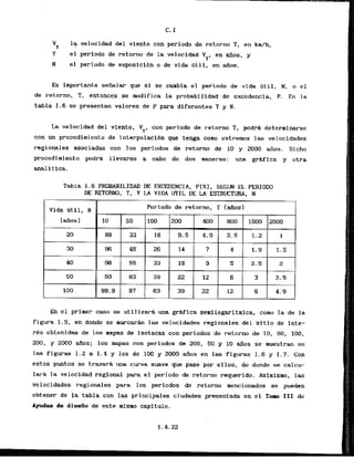 VT la velocidad del viento con periodo de retorno T, en k d h ,
T el perlodo de retorno de la velocidad V1, en afios, y
N el periodo de eqmsicf6n o de vida fitil, en d o s .
Es importante seiialar que si se cambia el periodo de vida Qtil, N, o el
de retorno, T, entonccs se modifica la probabilidad de excedencia, P. En la
tabla 1.6 se presentan valores de P para diferentes T y N.
La velocidad del vlento, V , con periodo de retorno T, podrh determinarse
con un procedimiento de interpolacidn que tenga como extremos las velocidades
regionales asociadas.con los periodos de retorno de TO y 2000 aiios. Dicho
procedimiento podrfn llevarse a cab0 de dos maneras: una grMica y otra
analitica.
Tabla 1.6 PROBABILIDAD DE EWEDENCIA, Pi%], SECUN EL PERIODO
DE RETORNO, T, Y LA VIDA UTIL DE LA ESTRUCTURA, N
Vida Otil, N
Periodo de retorno, T Caiiosl
100 200 400 800 1600 2000
-
18
-
-
-
30 96 45 26
-
-
-
-
-
40 98 33 18 9 5 2 . 5 . 2
S5
99 63 39 22 12 6 3 2.5
100 99.9 87 63 39 22 12 6 4.9
En el primer caso se utilizara una grwica semilogaritmica, como la de l
a
figura 1.5, en donde se marcarb las velocidades regionales del sitlo de inte-
rCs obtenidas de 10s mapas de isotacas con periodos de retorno de I D , SO, 100,
200, y 2000 afios; los mapas con periodos de 200, 50 y 10 aAos se muestran en
las figuras 1.2 a 1 . 4 ' ~
10s de 100 y 2000'aiios en l s s figuras 1.6 y 1
.
7
. Con
estos puntos se trazarsl una curva suave que pase por ellos, de donde se calcu-
la& la velocidad regional para el periodo de retorno requerido. Asirnisrno, las
velocidades regionales para 10s periodos de retorno mencionados se pueden
obtener de la tabla con las principales cludades pmsentada en e l Tom It1 de
Ayudas de disefio de este misrno capitulo.
 