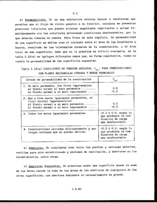 a) permeabllidd. Si en una -estructura existen huecos o hendidwas que
permiten que el flujo de viento penetre a su interior, entonces se presentan
presiones interiores qua pueden alcanzar magnitudes importantes o actuar si-
mu1theamente con las exteriores provocando condiciones desfavorables, por lo
que deberh tomars9 en cuenta. Para fines de este capitulo, la permeabilidad
de una superficie sf define como el cociente entre el Wea de las hendiduras y
huecos, resultado,de las tolerancias normales de la construccibn, y el b e a
t o t a l de esa superficle; dado que en la prhctlca es dificil evaluarla. en la
tabla I.131a) se i y l u y e n diferentes casos que, en forma cualftativa, toman en
cuenta la permeabilidad de las superficies expuestas.
Tabla I.13(a) COEE'ICIENTE DE PRESION INTERIOR, Cpi, PARA CONSTRUCCIONES
CON PLANTA RECTANGULAR CERRADA Y MUROS PEmA8LES
Estado de permeabi1idad de 1a construcci6n
l
1. Un rnuro permeable, 10s otros impermeables:
a) Viento normal a1 muro permeable ......... 0.6
bl Viento normal a un muro impermeable ..... -0.3
2
. Dos o tres muros igualmente permeables, el
(10s) otrolsl impermeable[sl:
a1 Viento normal a un muro permeable ....... 0.2
bl Viento normal a un m
u
r
o impermeable ..... -0.3
3. Todos 10s muros igualmente permeables. -0.3 b 0.0, s e g h lo
que produzca l
a com-
binacibn de carga
m&s desfavorable.
4. Construcciones selladas eficlentemente y que -0.2 d 0.0, segh lo
tengan ventanas que no puedan abrirse. que produzca la com-
blnacibn de carga
&
i
s desfavorable.
b) Aberturas. Se consideran como tales las puertas y ventanas abiertas.
ventilas para aire acondicionado y sistemas de ventilaci6n, y aberturas en 10s
recubrimientos, entre otras.
cl Aberturas dominantes. Se presentan sobre una superficie donde la suaa
de sus &reas excede la suma de las Areas de las aberturas de cualquiera de las
otras superficles; una abertura doninante no necesariamente es grande.
 