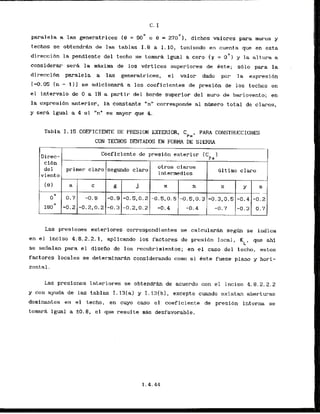 paralela a las generatrices (8 = 9 0 O o B = 270°I , dichos valores para muros y
techos se obtendrh de las tablas I . 8 a I. 10, teniendo en cuenta que en esta
direccibn la pendiente del techo se tornark igual a cera (y = o O ) y la al.tura a
considerar sera la m h i m a de 10s vertices superiores de gste; sdlo para la
direccibn paralela a las generatrices, el valor dado par la expresi6n
1-0.05 (n - 1) 1 se adicionara a 10s coeficientes de presi6n de 10s techos en
el interval0 de 0 a 1H a partir del borde superior del muro de barlovento; en
la expresi6n anterior, la constante "n" corresponde a1 nfmero total de claros,
y sera igual a 4 si "n" es mayor que 4.
Tabla 1.15 COEFICIENTE DE PRESION EXTERIOR, C PARA CONSTRUCCIONES
p e l
CON TECHOS DENTADOS EN 'FORMA DE SIERRA
Coeficiente de presi6n exterior ( C 1
Di rec- Pc
c idn
del primer claro segundo claro
otros claros
intermedios
dltimo claro
viento
(el a c g j m n x Y S
-
on 0.7 -0.9 -0.9 -0.5,0.2 -0.5,O.S -0.5,0.3-0.3,0.5 -0.4 -0.2
1
8
0
' -0.2 -0.2,0.2 -0.3 -0.2,0.2 -0.4 -0.4 -0.7 -0.3 0.7
.
-
Las presiones exteriores correspondientes se calcular&n s e g h se indica
en el inclso 4.8.2.2.1. aplicando 105 factores de presibn local, KL, que ahl
se seiialan para el disefio de 10s recubrimientos; en el caso del techo, estos
factores locales se deterrninar6.n considerando coma s
i Gste fuese plano y hori-
zontal.
Las presiones interiares se obtendrh de acuerdo con el inciso 4.8.2.2.2
y con ayuda de las tablas I. 13[a] y I. 131b1, except0 cuando existan aberturas
dominantes en el techo, en cuyo caso e l coeficiente de presion intcrna se
tomar& igual a 20.8, el que resulte mas desfavorable.
 