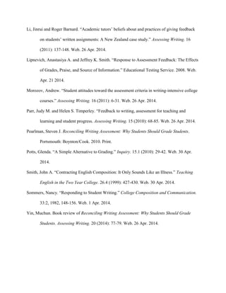 Li, Jinrui and Roger Barnard. “Academic tutors‟ beliefs about and practices of giving feedback
on students‟ written assignments: A New Zealand case study.” Assessing Writing. 16
(2011): 137-148. Web. 26 Apr. 2014.
Lipnevich, Anastasiya A. and Jeffrey K. Smith. “Response to Assessment Feedback: The Effects
of Grades, Praise, and Source of Information.” Educational Testing Service. 2008. Web.
Apr. 21 2014.
Morozov, Andrew. “Student attitudes toward the assessment criteria in writing-intensive college
courses.” Assessing Writing. 16 (2011): 6-31. Web. 26 Apr. 2014.
Parr, Judy M. and Helen S. Timperley. “Feedback to writing, assessment for teaching and
learning and student progress. Assessing Writing. 15 (2010): 68-85. Web. 26 Apr. 2014.
Pearlman, Steven J. Reconciling Writing Assessment: Why Students Should Grade Students.
Portsmouth: Boynton/Cook. 2010. Print.
Potts, Glenda. “A Simple Alternative to Grading.” Inquiry. 15.1 (2010): 29-42. Web. 30 Apr.
2014.
Smith, John A. “Contracting English Composition: It Only Sounds Like an Illness.” Teaching
English in the Two Year College. 26.4 (1999): 427-430. Web. 30 Apr. 2014.
Sommers, Nancy. “Responding to Student Writing.” College Composition and Communication.
33:2, 1982, 148-156. Web. 1 Apr. 2014.
Yin, Muchun. Book review of Reconciling Writing Assessment: Why Students Should Grade
Students. Assessing Writing. 20 (2014): 77-79. Web. 26 Apr. 2014.
 