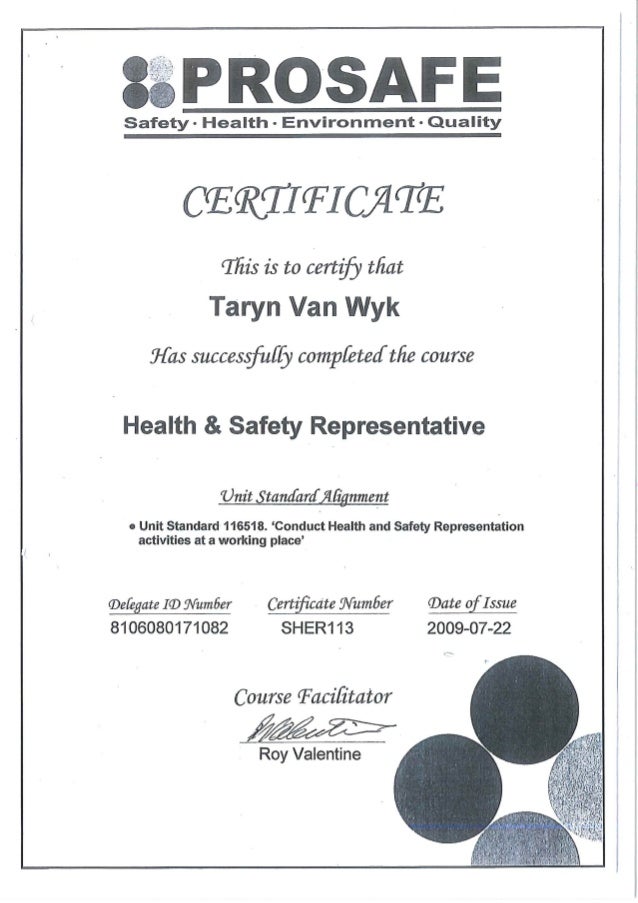 Certificate Health & Safety Rep Prosafe