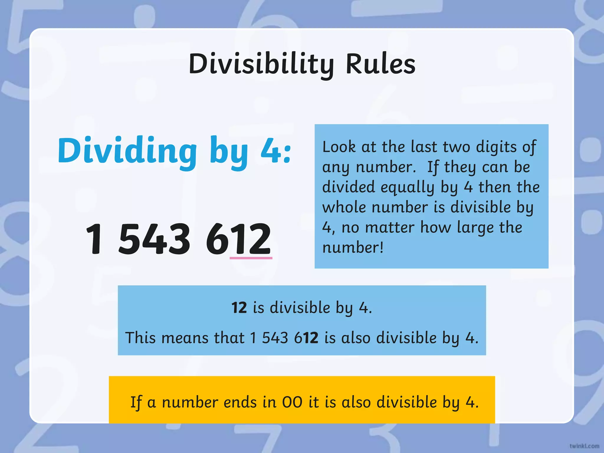 Divisibility Rules
Dividing by 4:
1 543 612
Look at the last two digits of
any number. If they can be
divided equally by 4 then the
whole number is divisible by
4, no matter how large the
number!
1 543 612
12 is divisible by 4.
This means that 1 543 612 is also divisible by 4.
If a number ends in 00 it is also divisible by 4.
 