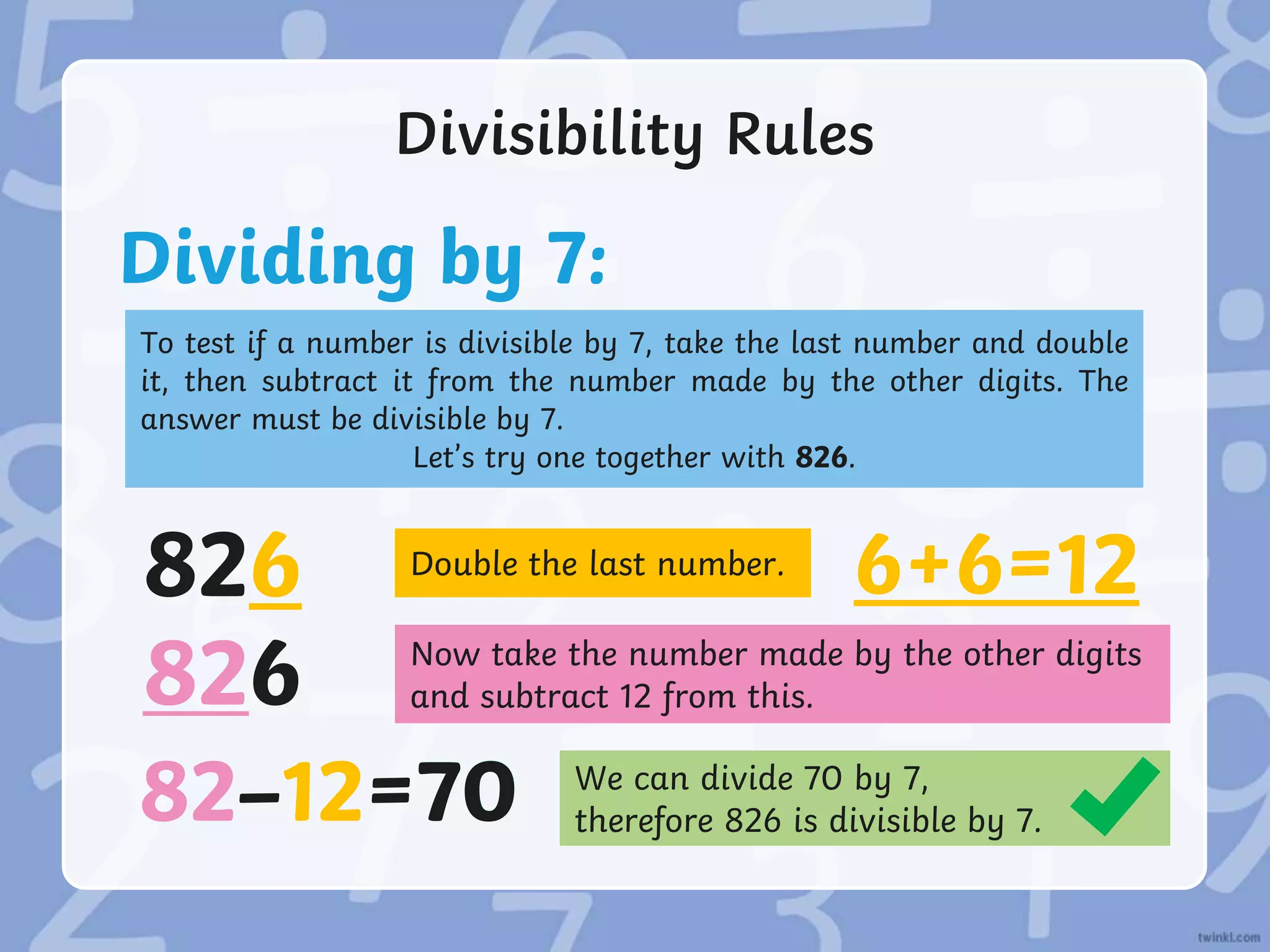 Divisibility Rules
Dividing by 7:
To test if a number is divisible by 7, take the last number and double
it, then subtract it from the number made by the other digits. The
answer must be divisible by 7.
Let’s try one together with 826.
826
826
82–12=70
Double the last number.
6+6=12
Now take the number made by the other digits
and subtract 12 from this.
We can divide 70 by 7,
therefore 826 is divisible by 7.
82–12=70
 