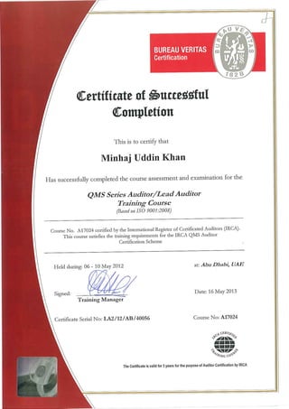 Minhaj QMS Lead Auditor Passing Certificate