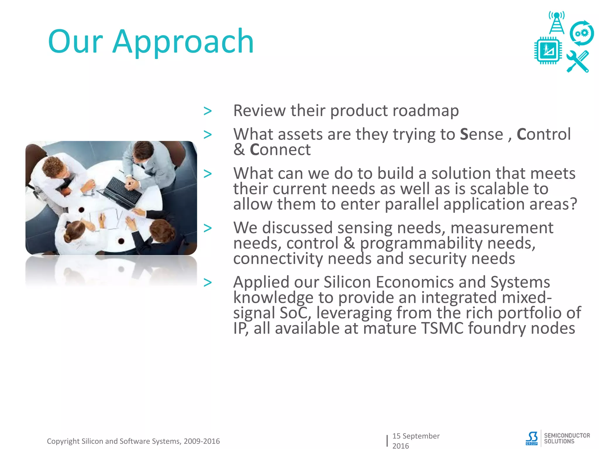 Our Approach
15 September
2016
Copyright Silicon and Software Systems, 2009-2016
> Review their product roadmap
> What assets are they trying to Sense , Control
& Connect
> What can we do to build a solution that meets
their current needs as well as is scalable to
allow them to enter parallel application areas?
> We discussed sensing needs, measurement
needs, control & programmability needs,
connectivity needs and security needs
> Applied our Silicon Economics and Systems
knowledge to provide an integrated mixed-
signal SoC, leveraging from the rich portfolio of
IP, all available at mature TSMC foundry nodes
 