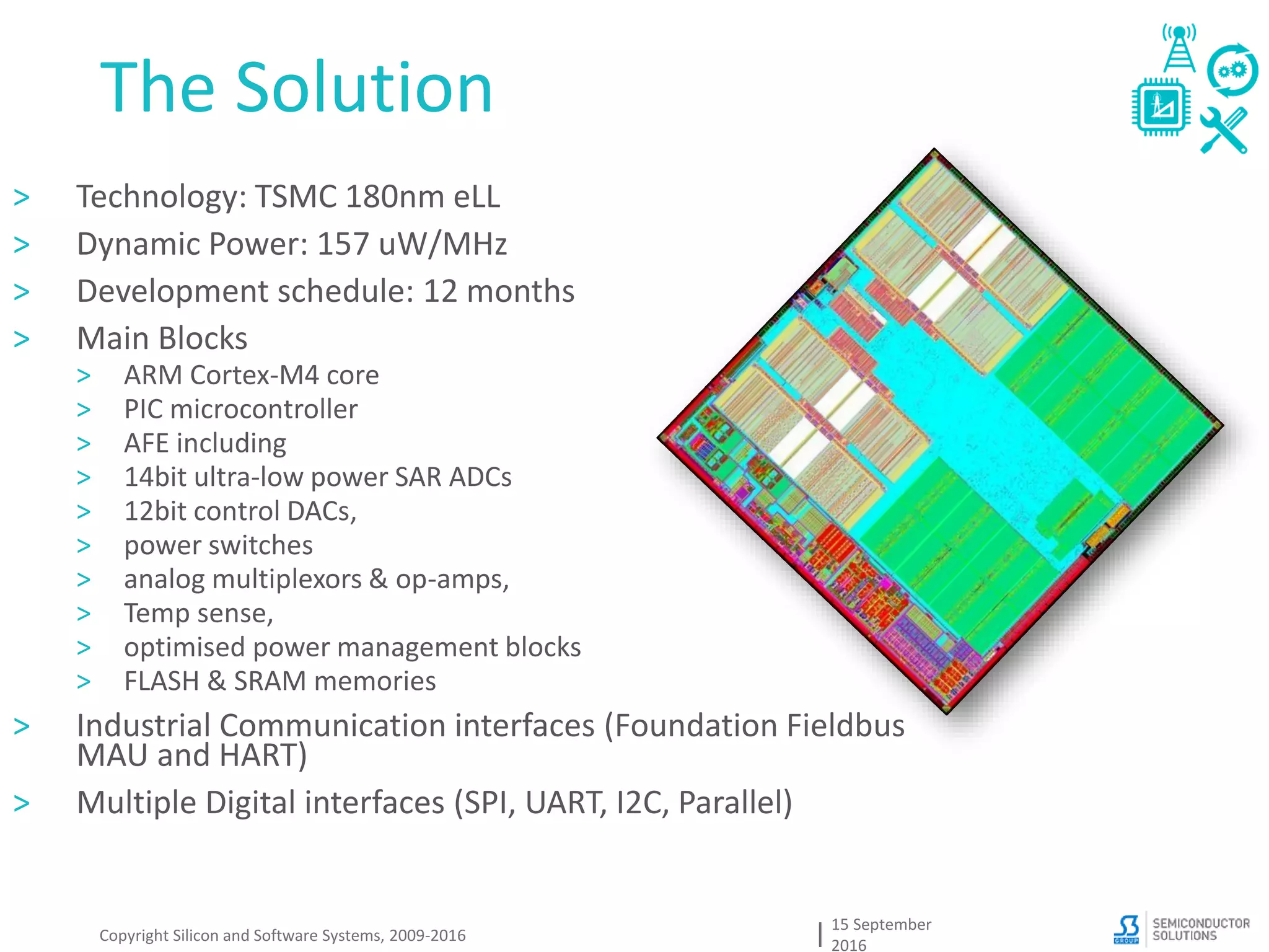 The Solution
15 September
2016
Copyright Silicon and Software Systems, 2009-2016
> Technology: TSMC 180nm eLL
> Dynamic Power: 157 uW/MHz
> Development schedule: 12 months
> Main Blocks
> ARM Cortex-M4 core
> PIC microcontroller
> AFE including
> 14bit ultra-low power SAR ADCs
> 12bit control DACs,
> power switches
> analog multiplexors & op-amps,
> Temp sense,
> optimised power management blocks
> FLASH & SRAM memories
> Industrial Communication interfaces (Foundation Fieldbus
MAU and HART)
> Multiple Digital interfaces (SPI, UART, I2C, Parallel)
 