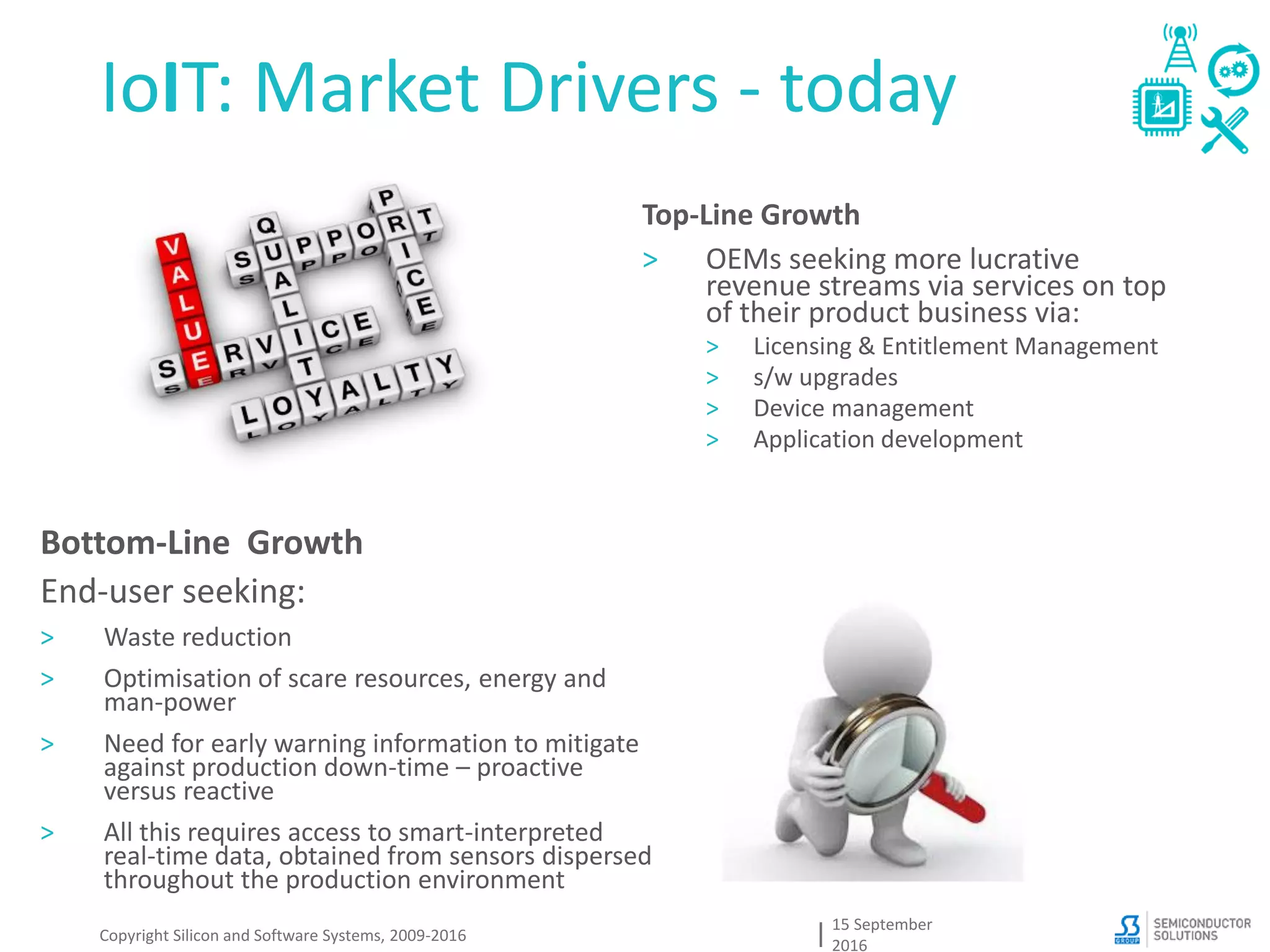IoIT: Market Drivers - today
15 September
2016
Copyright Silicon and Software Systems, 2009-2016
Bottom-Line Growth
End-user seeking:
> Waste reduction
> Optimisation of scare resources, energy and
man-power
> Need for early warning information to mitigate
against production down-time – proactive
versus reactive
> All this requires access to smart-interpreted
real-time data, obtained from sensors dispersed
throughout the production environment
Top-Line Growth
> OEMs seeking more lucrative
revenue streams via services on top
of their product business via:
> Licensing & Entitlement Management
> s/w upgrades
> Device management
> Application development
 