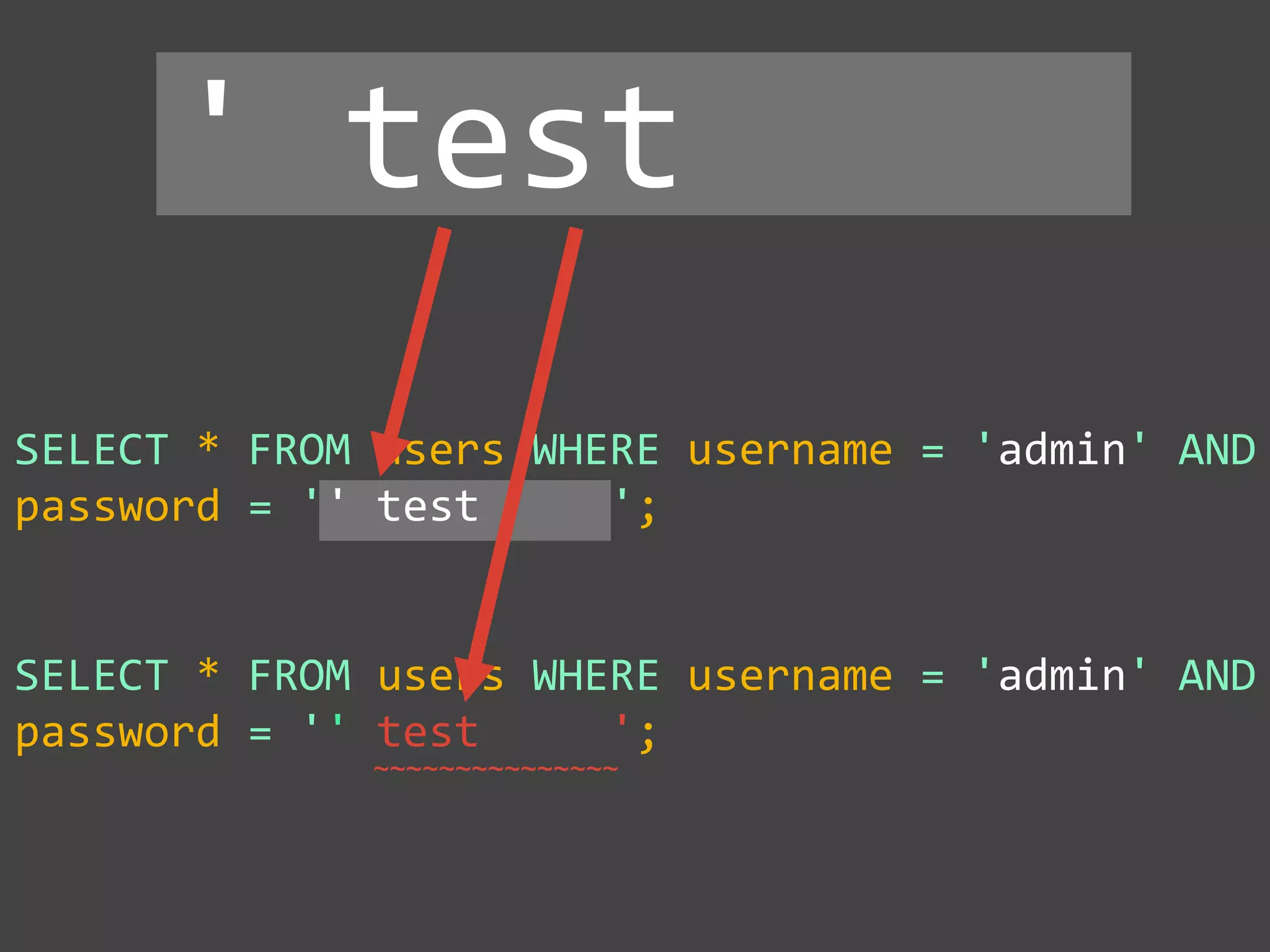 SELECT * FROM users WHERE username = 'admin' AND
password = '' test ';
' test
SELECT * FROM users WHERE username = 'admin' AND
password = '' test ';
~~~~~~~~~~~~~~~
 