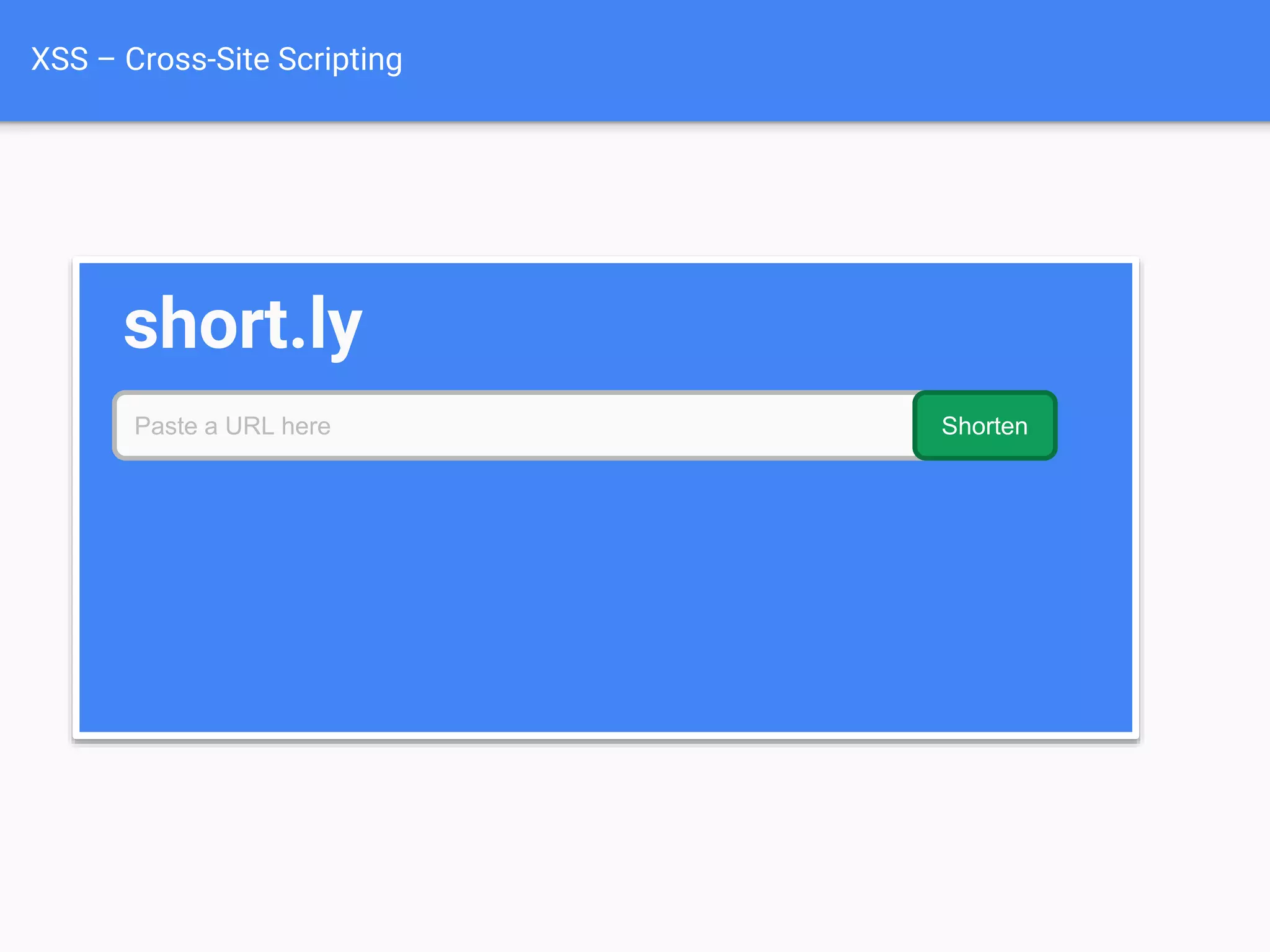 XSS – Cross-Site Scripting
short.ly
Paste a URL here Shorten
 