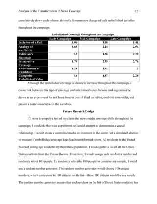 Analysis of the Transformation of News Coverage 13
cumulatively down each column; this only demonstrates change of each embellished variables
throughout the campaign.
Early Campaign Mid-Campaign Late Campaign
Inclusion of a Poll 1.06 1.18 1.41
Analogy of
war/battle
1.65 2.24 2.94
Politician’s
Rationale
1.3 1.76 2.29
Interpretive
Coverage
1.76 2.35 2.76
Endorsement of
Candidate
1.24 1.82 2
Composite
Embellished Value
1.4 1.87 2.28
Although the embellished coverage is shown to increase throughout the campaign, a
causal link between this type of coverage and uninformed voter decision making cannot be
drawn as an experiment has not been done to control third variables, establish time-order, and
present a correlation between the variables.
Future Research Design
If I were to employ a test of my claim that news media coverage shifts throughout the
campaign, I would do this in an experiment so I could attempt to demonstrate a causal
relationship. I would create a controlled media environment in the context of a simulated election
to measure if embellished coverage does lead to uninformed voters. All residents in the United
States of voting age would be my theoretical population. I would gather a list of all the United
States residents from the Census Bureau. From there, I would assign each resident a number and
randomly select 100 people. To randomly select the 100 people to comprise my sample, I would
use a random number generator. The random number generator would choose 100 unique
numbers, which correspond to 100 citizens on the list—these 100 citizens would be my sample.
The random number generator assures that each resident on the list of United States residents has
 