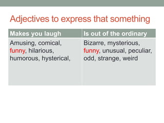 Adjectives to express that something
Makes you laugh Is out of the ordinary
Amusing, comical,
funny, hilarious,
humorous, hysterical,
Bizarre, mysterious,
funny, unusual, peculiar,
odd, strange, weird
 