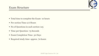 Exam Structure
 Total time to complete the Exam- 10 hours
 Per section Time-2.6 Hours
 No of Questions in each section-125
 Time per Question- 75 Seconds
 Exam Completion Time- 30 Days
 Required study time- approx. 70 hours
©KAPP Edge Solutions Pvt. Ltd.
 