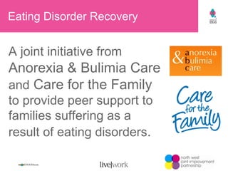Eating Disorder Recovery A joint initiative from   Anorexia & Bulimia Care  and  Care for the Family  to provide peer support to families suffering as a  result of eating disorders .  