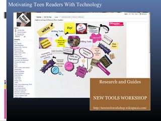 Motivating Teen Readers With Technology
Research and Guides
NEW TOOLS WORKSHOP
http://newtoolsworkshop.wikispaces.com/
 