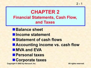 2 - 1
Copyright © 2002 by Harcourt, Inc. All rights reserved.
Balance sheet
Income statement
Statement of cash flows
Accounting income vs. cash flow
MVA and EVA
Personal taxes
Corporate taxes
CHAPTER 2
Financial Statements, Cash Flow,
and Taxes
 