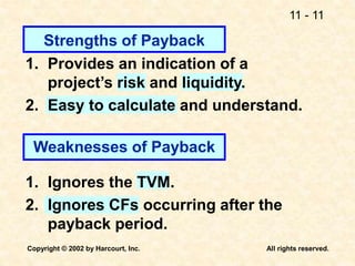 11 - 11
Copyright © 2002 by Harcourt, Inc. All rights reserved.
1. Provides an indication of a
project’s risk and liquidity.
2. Easy to calculate and understand.
1. Ignores the TVM.
2. Ignores CFs occurring after the
payback period.
Weaknesses of Payback
Strengths of Payback
 