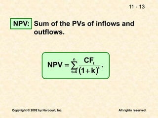 11 - 13
Copyright © 2002 by Harcourt, Inc. All rights reserved.
 
.
k
1
CF
NPV t
t
n
0
t 
 

NPV: Sum of the PVs of inflows and
outflows.
 