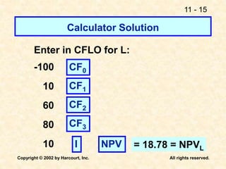 11 - 15
Copyright © 2002 by Harcourt, Inc. All rights reserved.
Calculator Solution
Enter in CFLO for L:
-100
10
60
80
10
CF0
CF1
NPV
CF2
CF3
I = 18.78 = NPVL
 