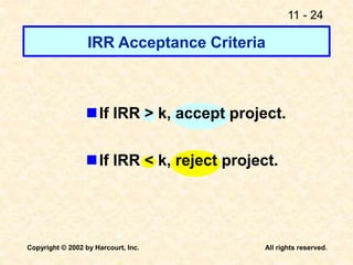 11 - 24
Copyright © 2002 by Harcourt, Inc. All rights reserved.
IRR Acceptance Criteria
If IRR > k, accept project.
If IRR < k, reject project.
 