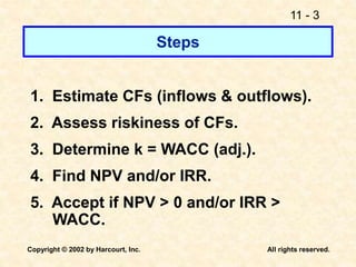11 - 3
Copyright © 2002 by Harcourt, Inc. All rights reserved.
Steps
1. Estimate CFs (inflows & outflows).
2. Assess riskiness of CFs.
3. Determine k = WACC (adj.).
4. Find NPV and/or IRR.
5. Accept if NPV > 0 and/or IRR >
WACC.
 