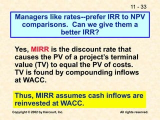 11 - 33
Copyright © 2002 by Harcourt, Inc. All rights reserved.
Managers like rates--prefer IRR to NPV
comparisons. Can we give them a
better IRR?
Yes, MIRR is the discount rate that
causes the PV of a project’s terminal
value (TV) to equal the PV of costs.
TV is found by compounding inflows
at WACC.
Thus, MIRR assumes cash inflows are
reinvested at WACC.
 