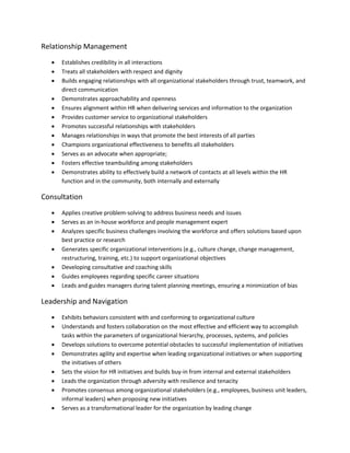 Relationship Management
 Establishes credibility in all interactions
 Treats all stakeholders with respect and dignity
 Builds engaging relationships with all organizational stakeholders through trust, teamwork, and
direct communication
 Demonstrates approachability and openness
 Ensures alignment within HR when delivering services and information to the organization
 Provides customer service to organizational stakeholders
 Promotes successful relationships with stakeholders
 Manages relationships in ways that promote the best interests of all parties
 Champions organizational effectiveness to benefits all stakeholders
 Serves as an advocate when appropriate;
 Fosters effective teambuilding among stakeholders
 Demonstrates ability to effectively build a network of contacts at all levels within the HR
function and in the community, both internally and externally
Consultation
 Applies creative problem-solving to address business needs and issues
 Serves as an in-house workforce and people management expert
 Analyzes specific business challenges involving the workforce and offers solutions based upon
best practice or research
 Generates specific organizational interventions (e.g., culture change, change management,
restructuring, training, etc.) to support organizational objectives
 Developing consultative and coaching skills
 Guides employees regarding specific career situations
 Leads and guides managers during talent planning meetings, ensuring a minimization of bias
Leadership and Navigation
 Exhibits behaviors consistent with and conforming to organizational culture
 Understands and fosters collaboration on the most effective and efficient way to accomplish
tasks within the parameters of organizational hierarchy, processes, systems, and policies
 Develops solutions to overcome potential obstacles to successful implementation of initiatives
 Demonstrates agility and expertise when leading organizational initiatives or when supporting
the initiatives of others
 Sets the vision for HR initiatives and builds buy-in from internal and external stakeholders
 Leads the organization through adversity with resilience and tenacity
 Promotes consensus among organizational stakeholders (e.g., employees, business unit leaders,
informal leaders) when proposing new initiatives
 Serves as a transformational leader for the organization by leading change
 