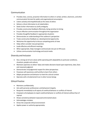 Communication
 Provides clear, concise, proactive information to others in verbal, written, electronic, and other
communication formats for public and organizational consumption
 Listens actively and empathetically to the views of others
 Delivers critical information to all stakeholders
 Seeks further information to clarify ambiguity
 Provides constructive feedback effectively, being sensitive to timing
 Ensure effective communication throughout the organization
 Provides thoughtful feedback in appropriate situations
 Demonstrates an understanding of the audience’s perspective
 Treats constructive feedback as a developmental opportunity
 Welcomes the opportunity to discuss competing points of view
 Helps others consider new perspectives
 Leads effective and efficient meetings
 When appropriate, helps managers communicate not just on HR issues
 Utilizes communication technology and social media
Diversity and Inclusion
 Has a strong set of core values while operating with adaptability to particular conditions,
situations, people and cultures
 Maintains openness to others’ ideas and makes decisions based upon experience, data, facts
and reasoned judgment
 Demonstrates nonjudgmental respect for other perspectives
 Possesses self-awareness and humility to learn from others
 Adapts perspective and behavior to meet the cultural context
 Operates with a fundamental trust in other human beings
Ethical Practice
 Maintains confidentiality
 Acts with personal, professional, and behavioral integrity
 Responds immediately to all reports of unethical behavior or conflicts of interest
 Empowers all employees to report unethical behavior or conflicts of interest without fear of
reprisal
 Shows consistency between espoused and enacted values
 Acknowledges mistakes
 Drives the corporate ethical environment
 Applies power or authority appropriately
 