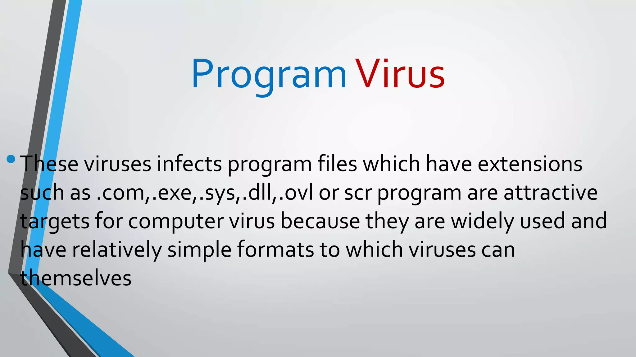 ProgramVirus
•These viruses infects program files which have extensions
such as .com,.exe,.sys,.dll,.ovl or scr program are attractive
targets for computer virus because they are widely used and
have relatively simple formats to which viruses can
themselves
 